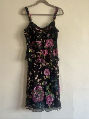 Vintage Y2K Black Fairycore Midi Dress with Pink Floral Print
